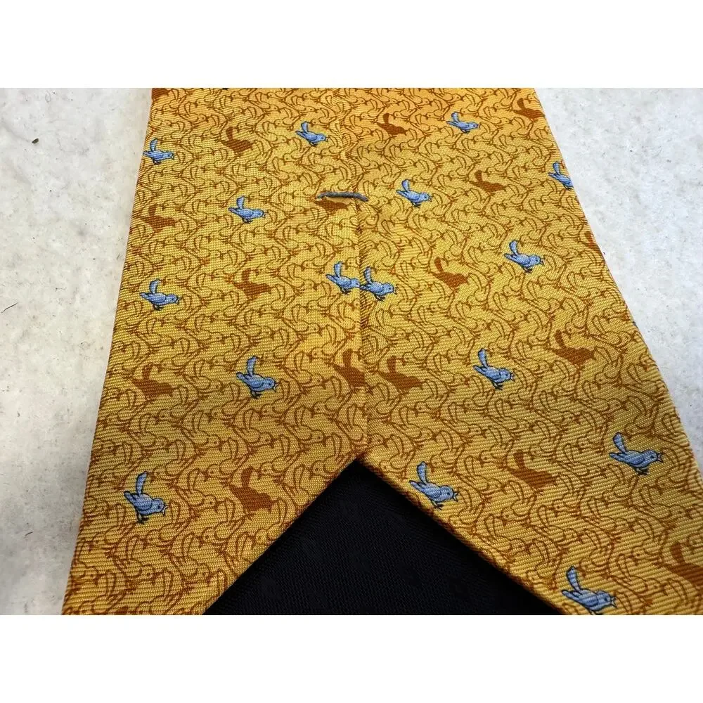Tom James Executive Collection 100% Silk Tie Yellow with Rust and Blue Birds NWT